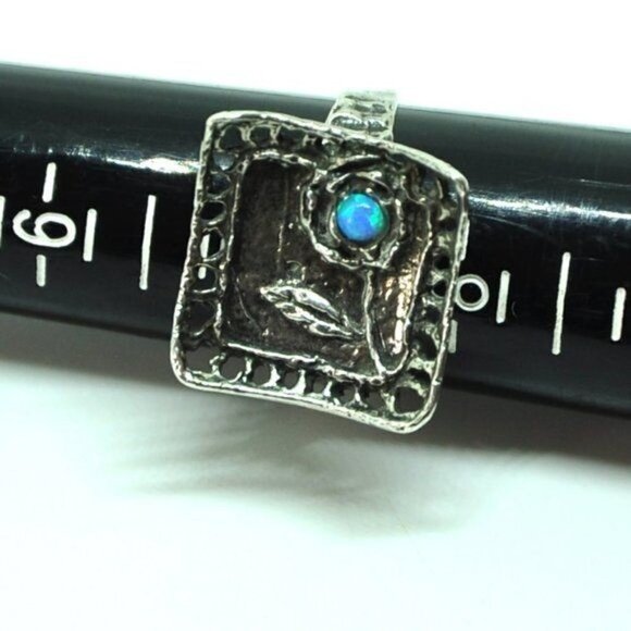 Artisan Sterling Silver Blue Opal Flower Ring – Hand Hammered, Size 7.5 - Picture 7 of 15